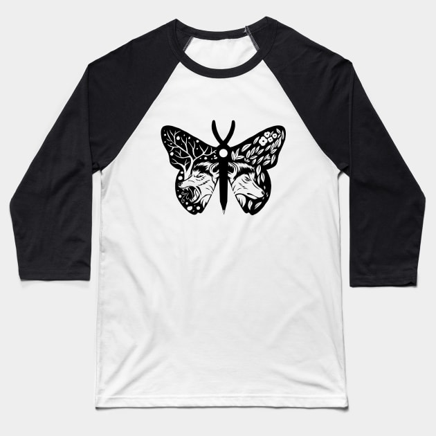 Wolf Butterfly Baseball T-Shirt by urufangu